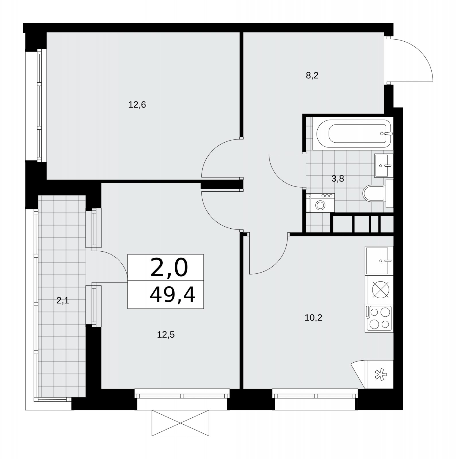2-комнатная квартира без отделки, 49.4 м2, 10 этаж, сдача 1 квартал 2026 г., ЖК Прокшино, корпус 10.1.3 - объявление 2227302 - фото №1