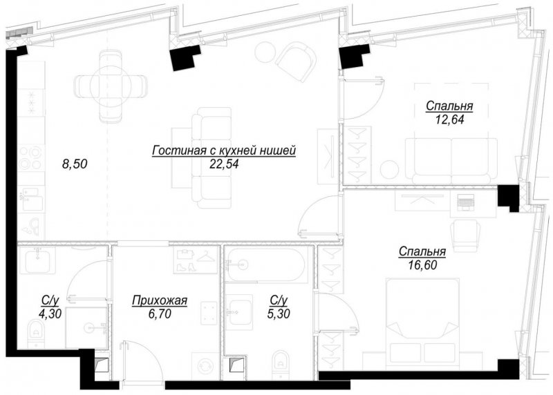 2-комнатная квартира с частичной отделкой, 76.6 м2, 33 этаж, сдача 1 квартал 2023 г., ЖК Hide, корпус WestDale - объявление 1756902 - фото №1
