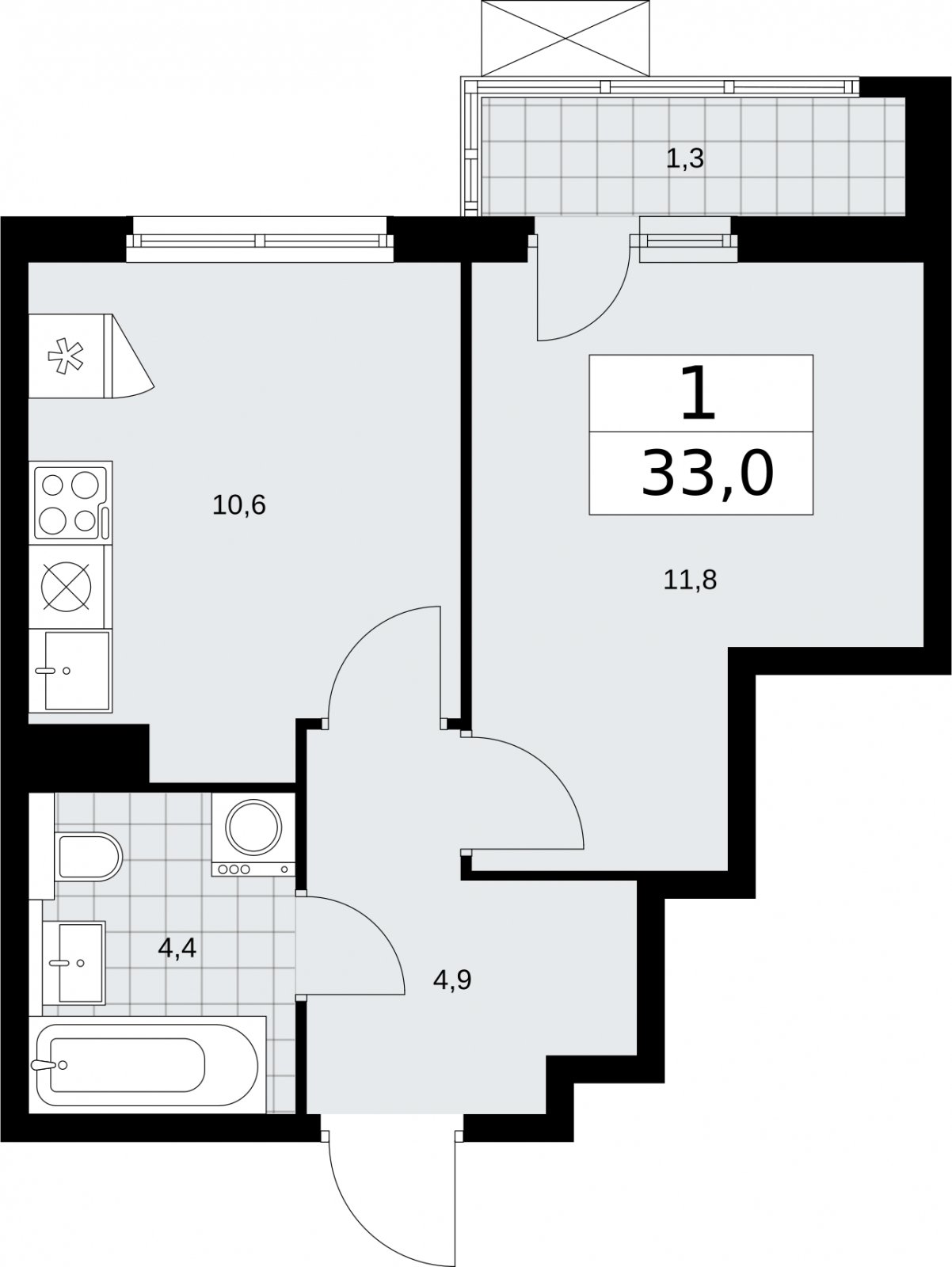 1-комнатная квартира без отделки, 33 м2, 6 этаж, сдача 2 квартал 2026 г., ЖК Бунинские кварталы, корпус 7.3 - объявление 2313668 - фото №1