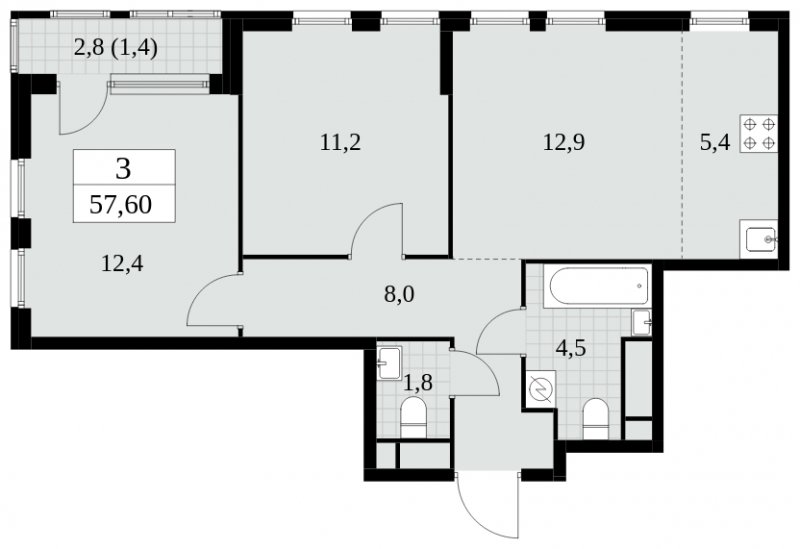 3-комнатная квартира (евро) без отделки, 57.6 м2, 23 этаж, сдача 2 квартал 2025 г., ЖК Южные сады, корпус 2.4 - объявление 1760510 - фото №1