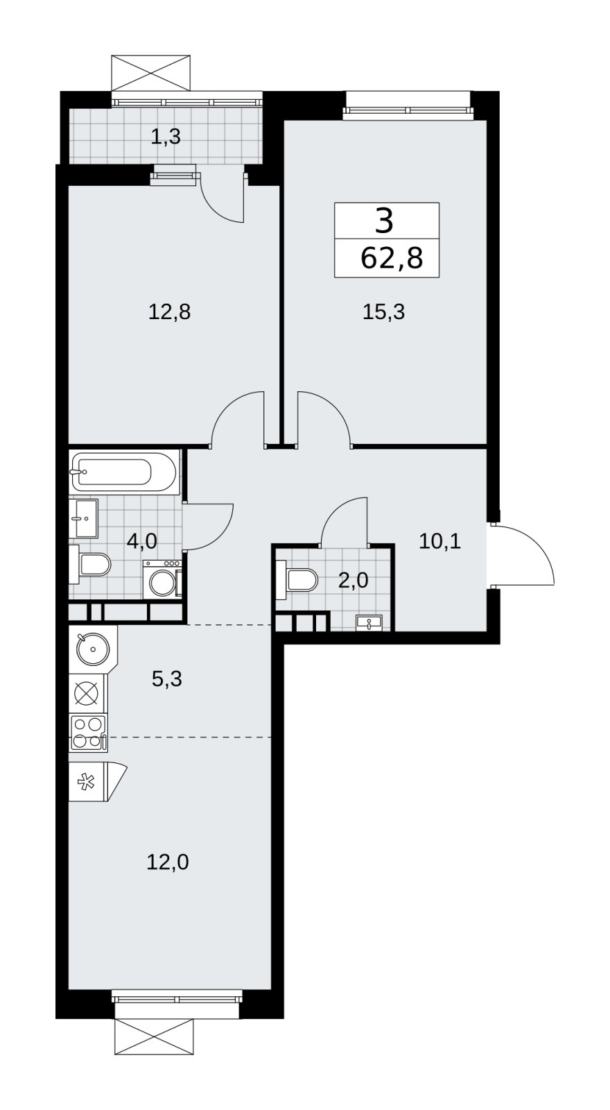 3-комнатная квартира (евро) без отделки, 62.8 м2, 7 этаж, сдача 2 квартал 2026 г., ЖК Скандинавия, корпус 25.4 - объявление 2284159 - фото №1