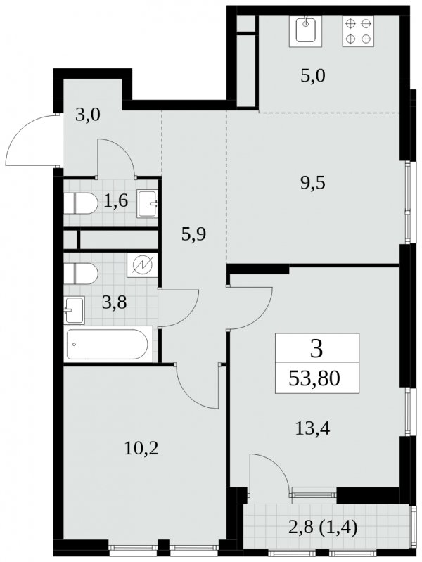 3-комнатная квартира (евро) без отделки, 53.8 м2, 4 этаж, сдача 2 квартал 2025 г., ЖК Южные сады, корпус 2.4 - объявление 1760187 - фото №1