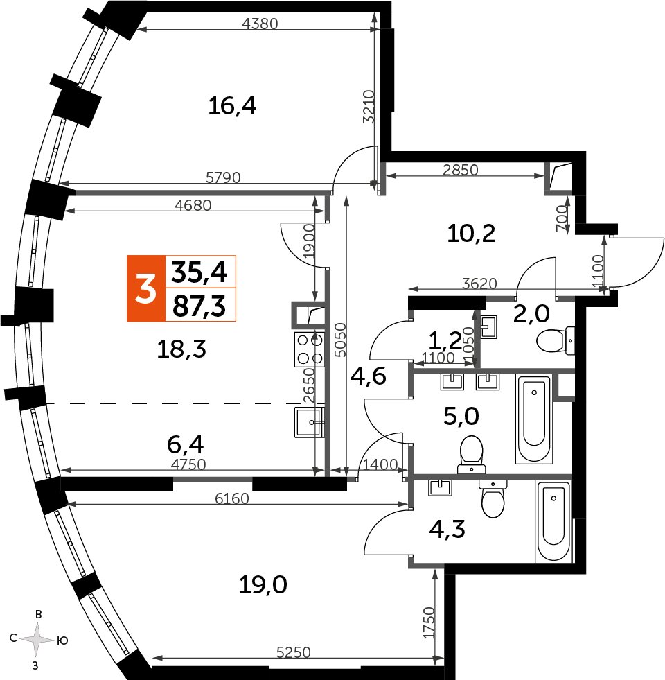 2-комнатная квартира с частичной отделкой, 87.3 м2, 30 этаж, сдача 3 квартал 2024 г., ЖК Sydney City, корпус 2.2 - объявление 2384564 - фото №1