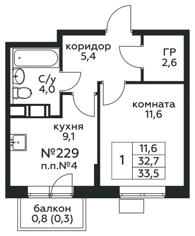1-комнатная квартира с полной отделкой, 33.5 м2, 3 этаж, сдача 1 квартал 2025 г., ЖК Цветочные Поляны, корпус 3 - объявление 1981694 - фото №1