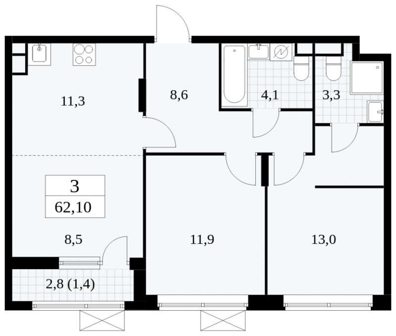 3-комнатная квартира (евро) без отделки, 62.1 м2, 4 этаж, сдача 1 квартал 2025 г., ЖК Прокшино, корпус 5.2.4 - объявление 1900665 - фото №1