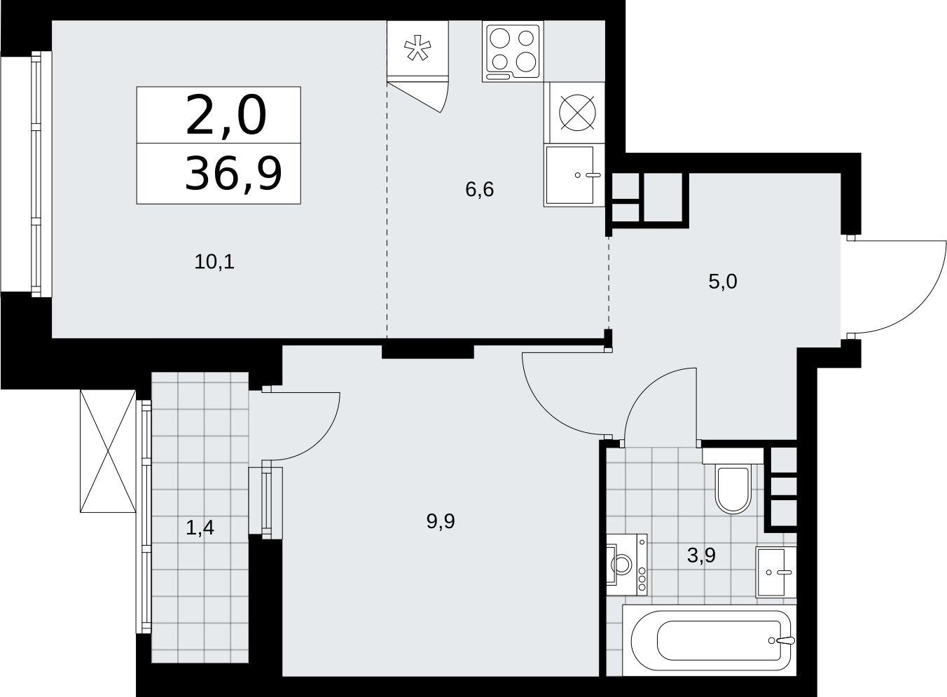 2-комнатная квартира (евро) с частичной отделкой, 36.9 м2, 5 этаж, сдача 2 квартал 2026 г., ЖК Прокшино, корпус 10.1.6 - объявление 2379200 - фото №1