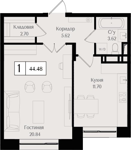 1-комнатная квартира без отделки, 44.72 м2, 6 этаж, сдача 3 квартал 2024 г., ЖК Преображенская площадь, корпус 1 - объявление 2266298 - фото №1