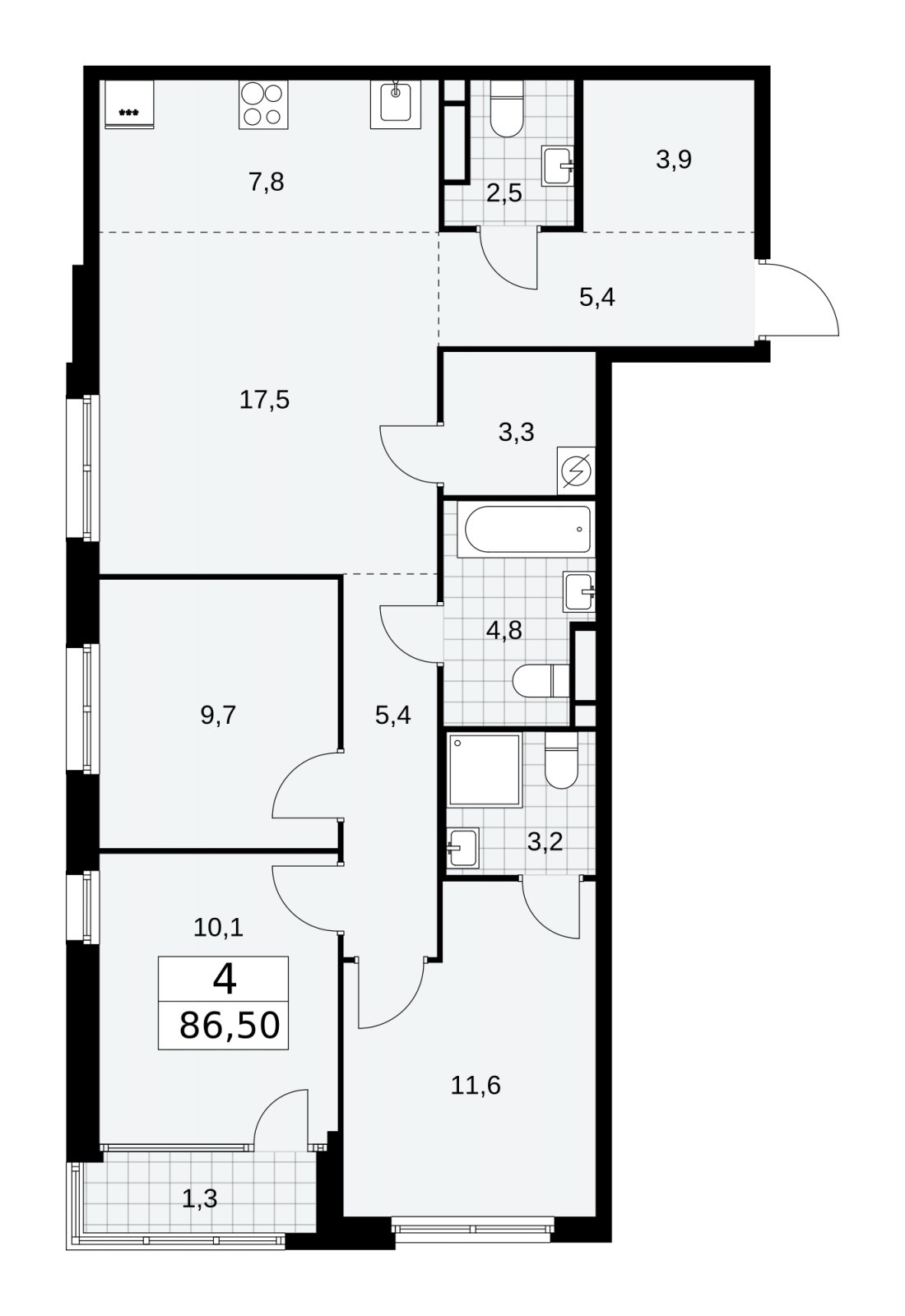 4-комнатная квартира (евро) с частичной отделкой, 86.5 м2, 11 этаж, сдача 1 квартал 2026 г., ЖК Дом на Зорге, корпус 25 - объявление 2221090 - фото №1