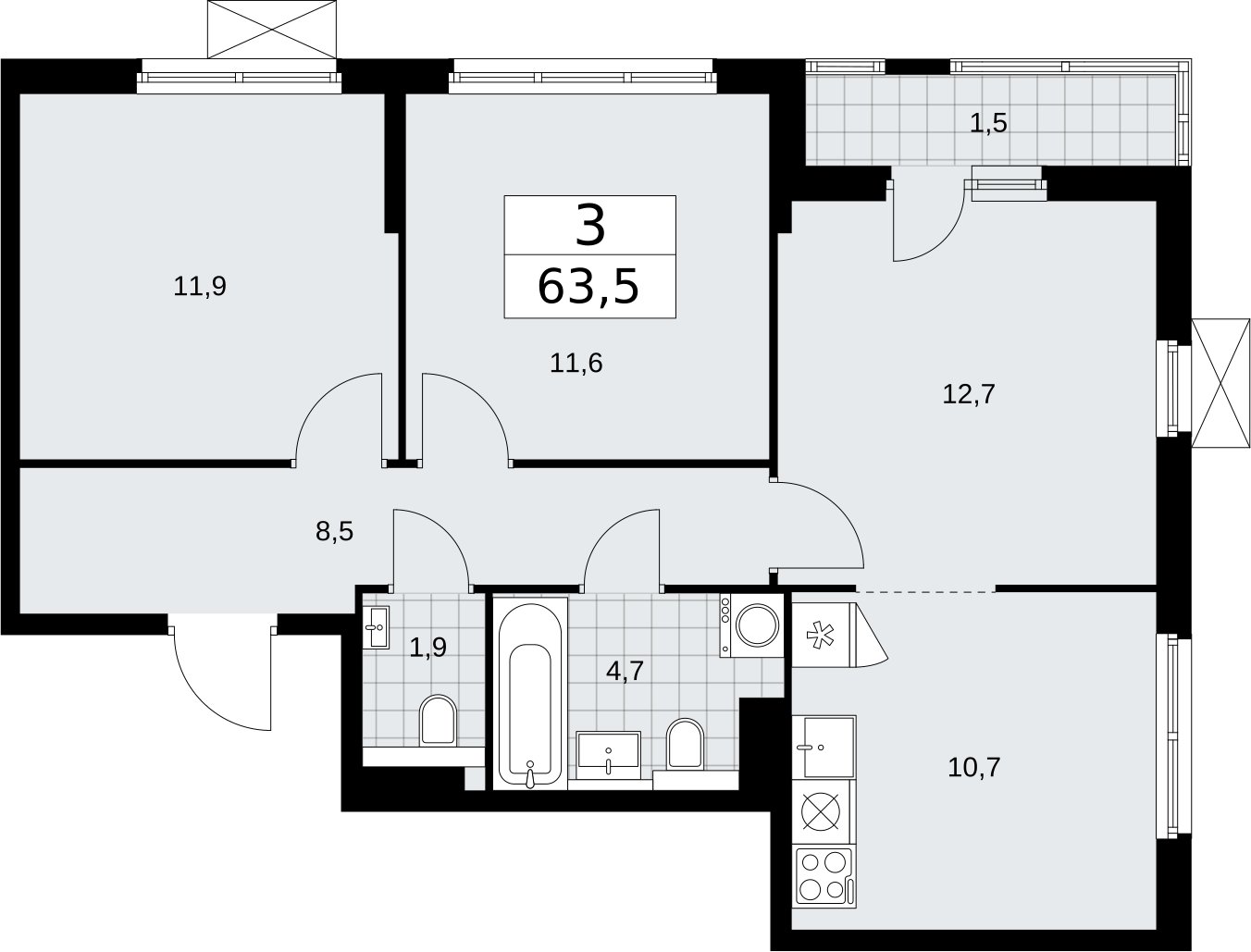 3-комнатная квартира без отделки, 63.5 м2, 4 этаж, сдача 2 квартал 2026 г., ЖК Бунинские кварталы, корпус 7.3 - объявление 2313986 - фото №1