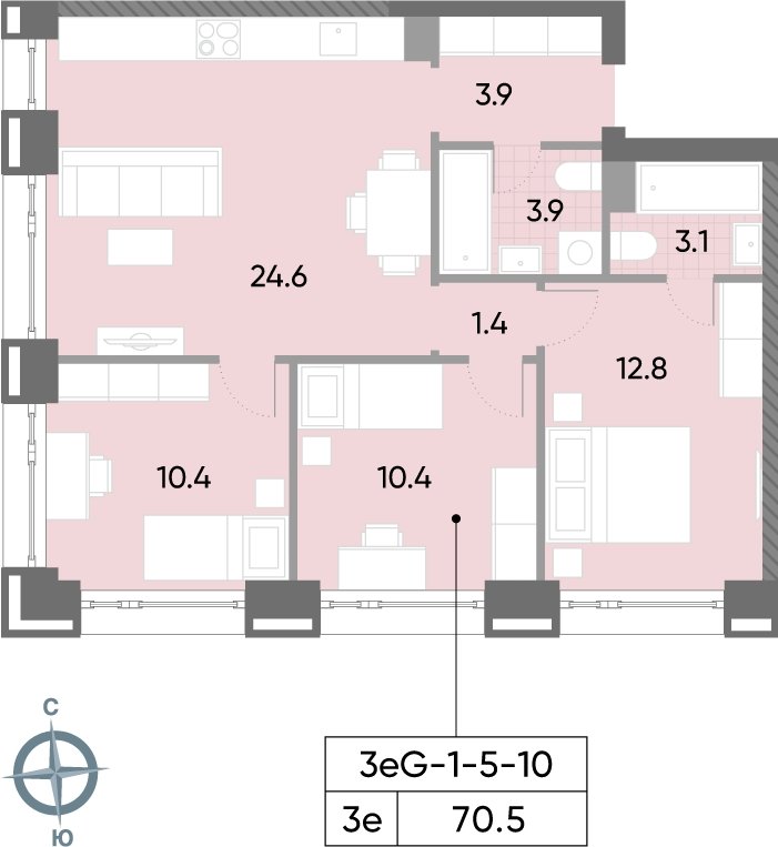 3-комнатная квартира 70.5 м2, 5 этаж, сдача 2 квартал 2026 г., ЖК WAVE, корпус 1 - объявление 2185900 - фото №1