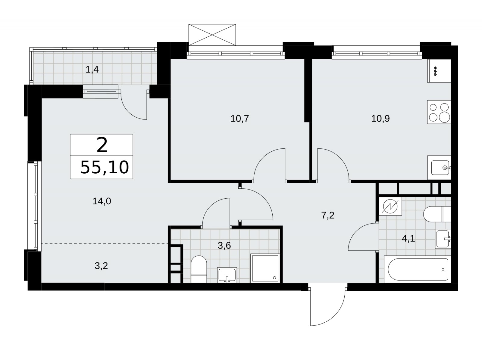 2-комнатная квартира без отделки, 55.1 м2, 11 этаж, сдача 3 квартал 2025 г., ЖК Скандинавия, корпус 28.1 - объявление 2202048 - фото №1