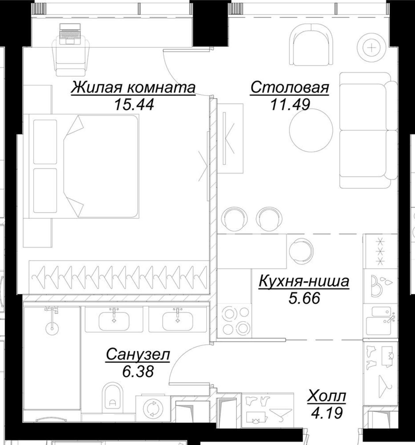 1-комнатная квартира с частичной отделкой, 43.48 м2, 12 этаж, сдача 4 квартал 2024 г., ЖК MOD, корпус Mann - объявление 2188670 - фото №1