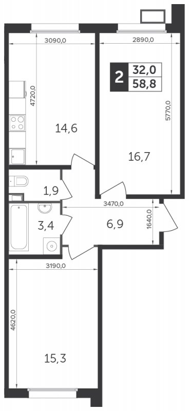 2-комнатная квартира с частичной отделкой, 58.8 м2, 22 этаж, дом сдан, ЖК Датский квартал, корпус 1 - объявление 2397285 - фото №1