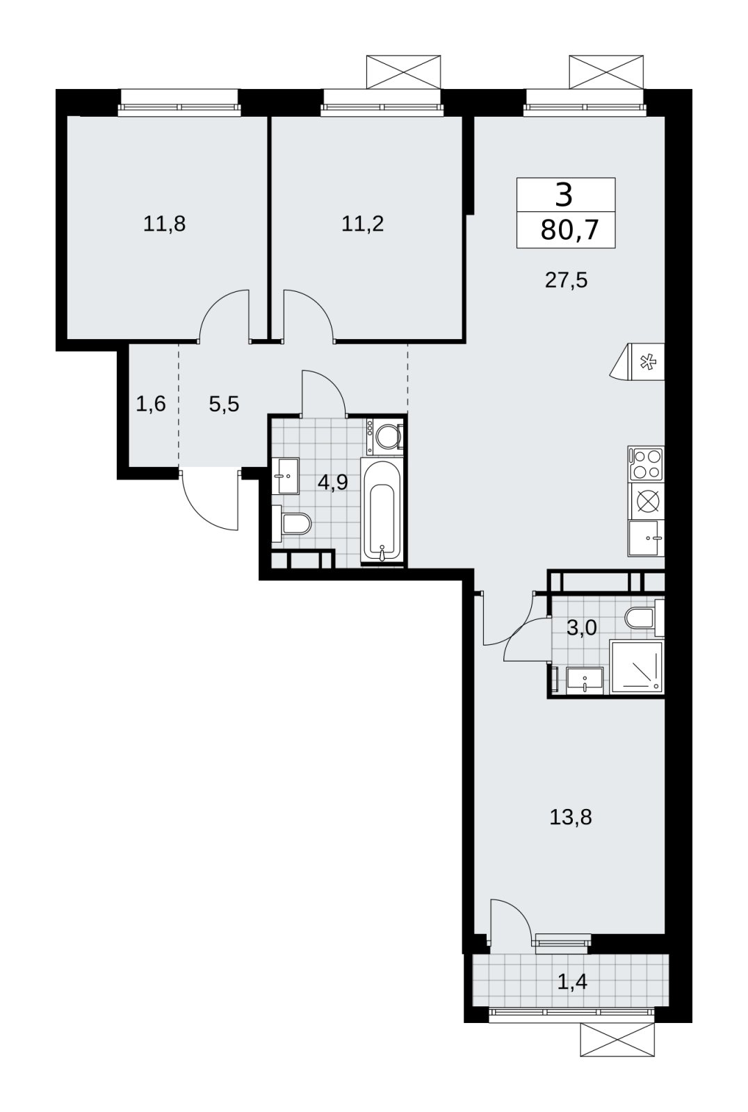 3-комнатная квартира без отделки, 80.7 м2, 12 этаж, сдача 2 квартал 2026 г., ЖК Скандинавия, корпус 25.4 - объявление 2284073 - фото №1