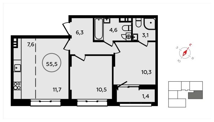 3-комнатная квартира (евро) без отделки, 55.5 м2, 3 этаж, сдача 3 квартал 2024 г., ЖК Скандинавия, корпус 22.2 - объявление 1625354 - фото №1