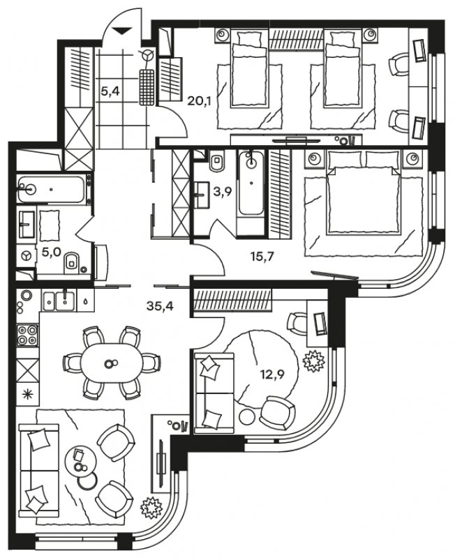 4-комнатные апартаменты без отделки, 98.4 м2, 20 этаж, сдача 1 квартал 2022 г., ЖК Level Стрешнево, корпус Юг - объявление 1302558 - фото №1