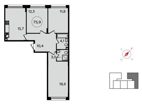 3-комнатная квартира с полной отделкой, 75.9 м2, 2 этаж, сдача 2 квартал 2022 г., ЖК Скандинавия, корпус 13.3 - объявление 1412357 - фото №1