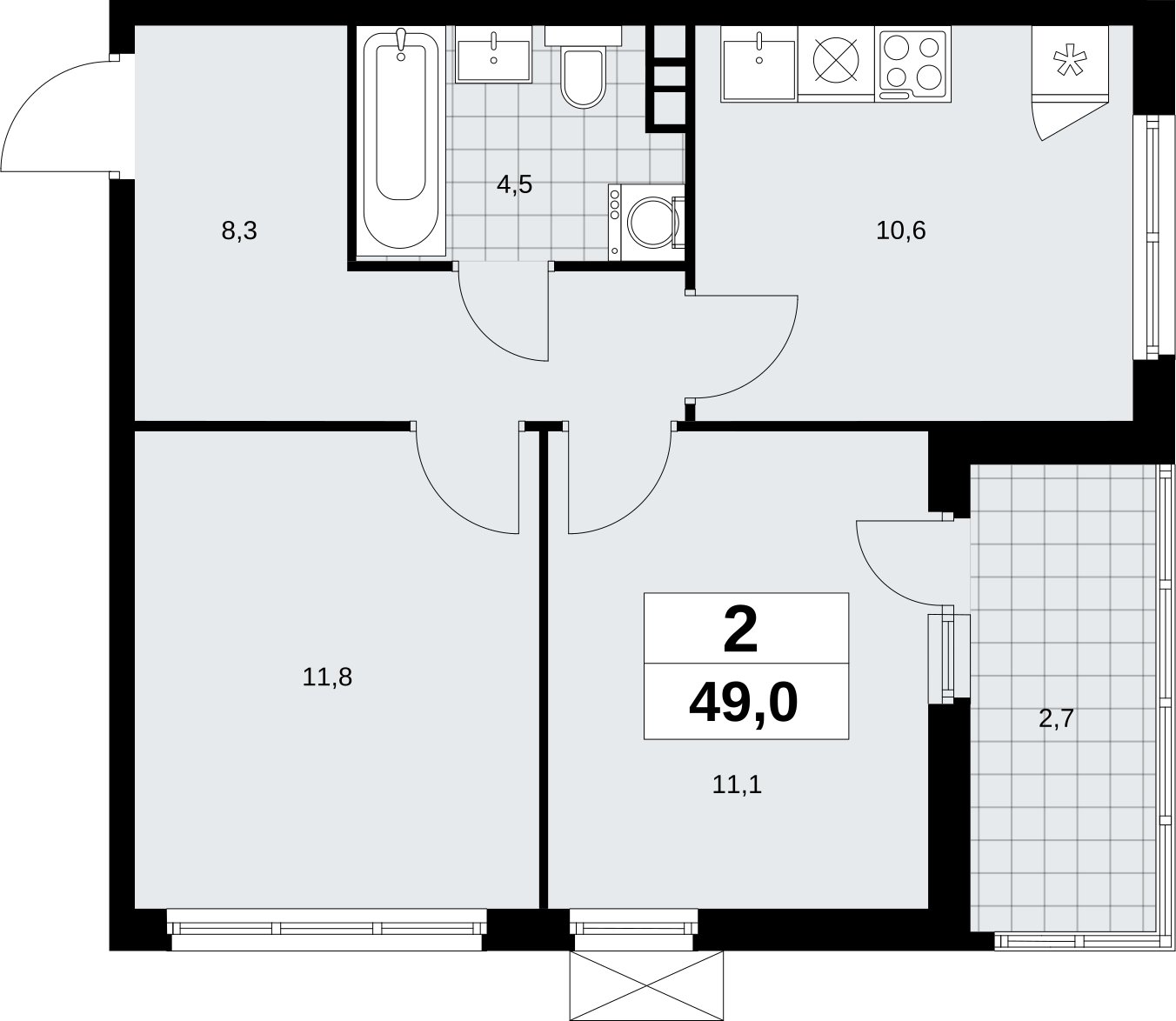 2-комнатная квартира без отделки, 49 м2, 3 этаж, сдача 4 квартал 2026 г., ЖК Скандинавия, корпус 2.18.1.4 - объявление 2350936 - фото №1