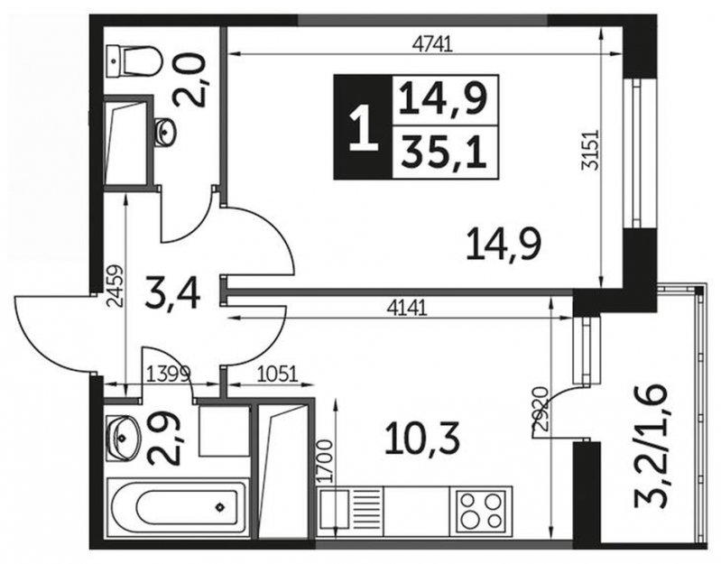 1-комнатная квартира без отделки, 35.6 м2, 20 этаж, дом сдан, ЖК UP-квартал Сколковский, корпус 2 - объявление 1713047 - фото №1