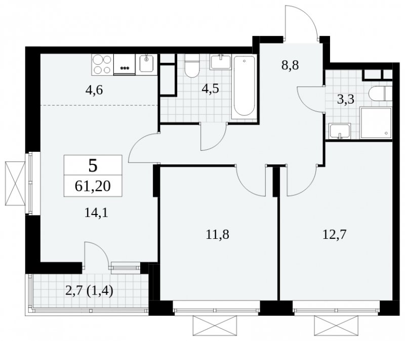 3-комнатная квартира (евро) без отделки, 61.2 м2, 7 этаж, сдача 3 квартал 2024 г., ЖК Прокшино, корпус 8.4 - объявление 1684028 - фото №1