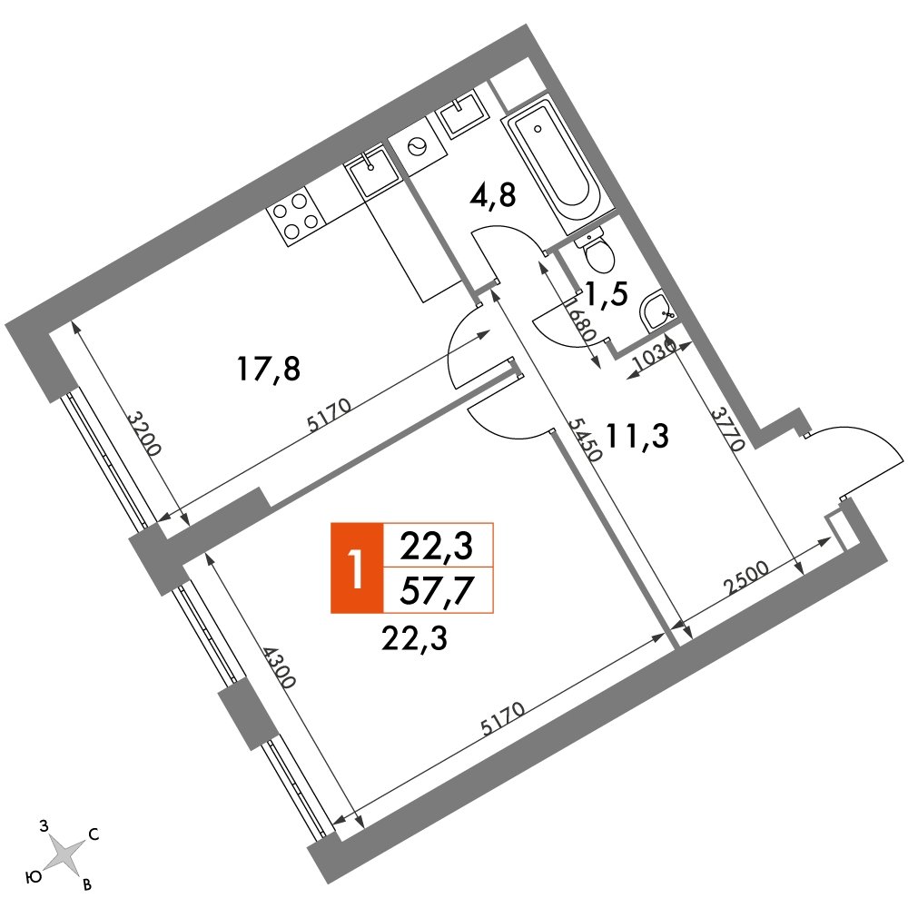 1-комнатная квартира без отделки, 57.7 м2, 36 этаж, сдача 4 квартал 2023 г., ЖК Архитектор, корпус 3 - объявление 2212361 - фото №1