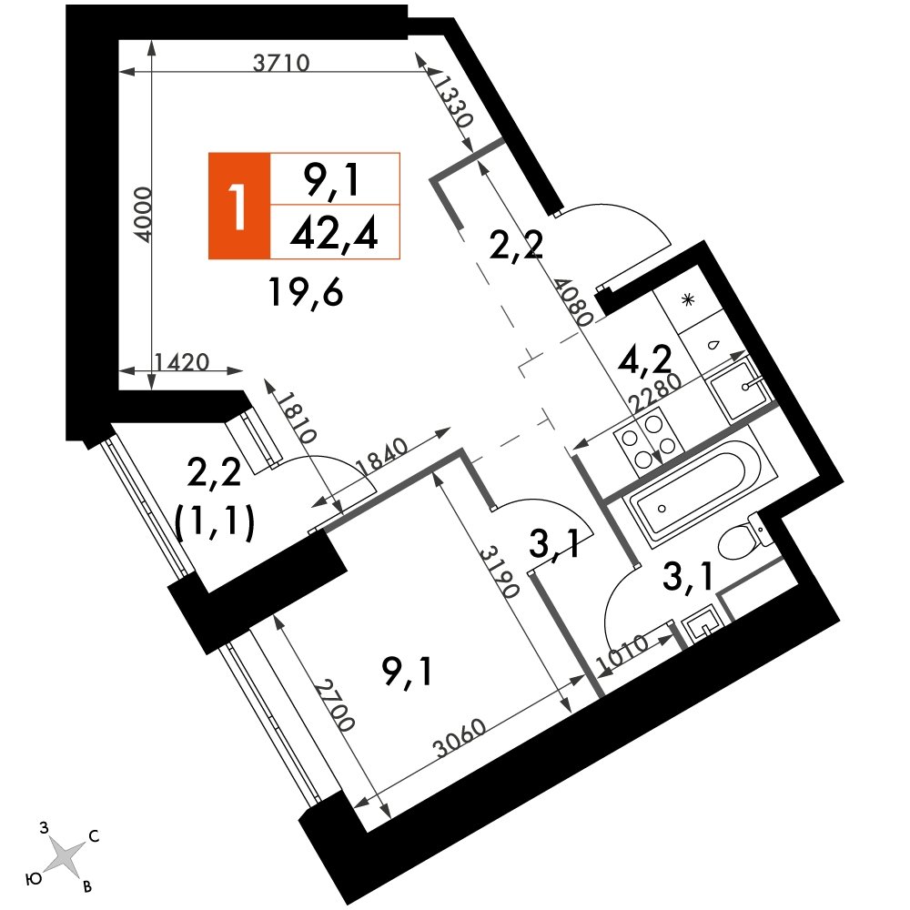 1-комнатная квартира с частичной отделкой, 42.4 м2, 16 этаж, сдача 4 квартал 2023 г., ЖК Архитектор, корпус 3 - объявление 2207468 - фото №1