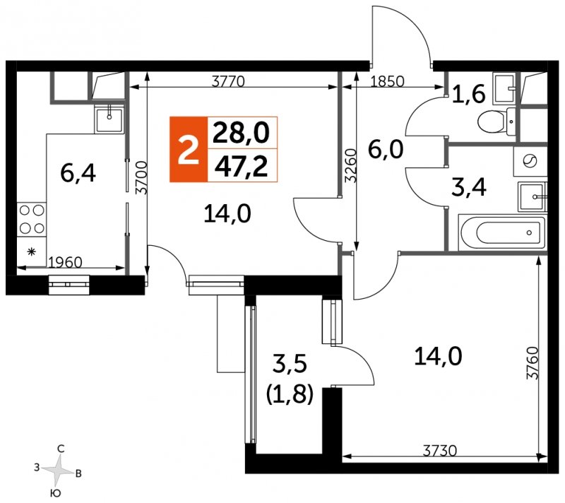 2-комнатная квартира без отделки, 47.2 м2, 14 этаж, сдача 3 квартал 2023 г., ЖК UP-квартал Римский, корпус 7 - объявление 1608252 - фото №1