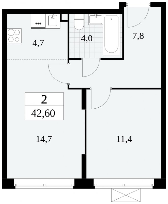 2-комнатная квартира (евро) без отделки, 42.6 м2, 2 этаж, сдача 2 квартал 2024 г., ЖК Прокшино, корпус 6.1 - объявление 1662683 - фото №1