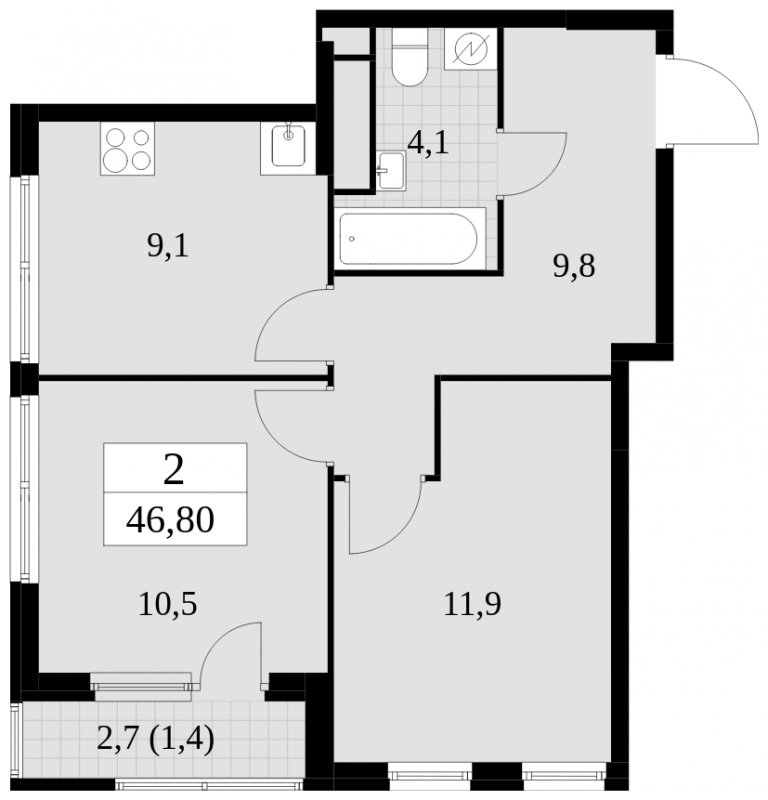 2-комнатная квартира без отделки, 46.8 м2, 21 этаж, сдача 2 квартал 2025 г., ЖК Южные сады, корпус 2.3 - объявление 1758381 - фото №1
