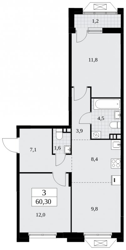 3-комнатная квартира (евро) без отделки, 60.3 м2, 3 этаж, сдача 1 квартал 2025 г., ЖК Бунинские кварталы, корпус 1.3 - объявление 1834784 - фото №1