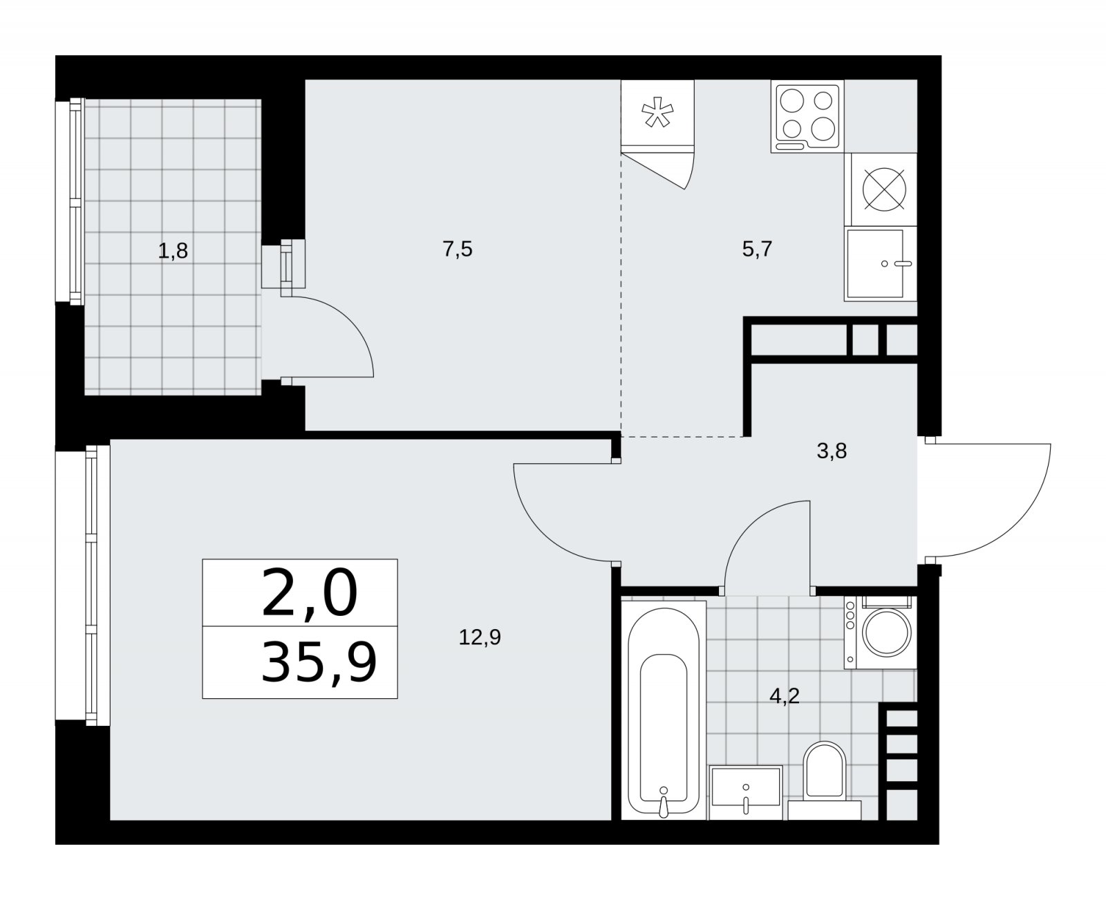 2-комнатная квартира (евро) без отделки, 35.9 м2, 18 этаж, сдача 1 квартал 2026 г., ЖК Дзен-кварталы, корпус 3.1 - объявление 2240995 - фото №1
