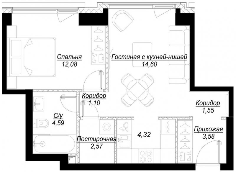 1-комнатная квартира с частичной отделкой, 44.4 м2, 12 этаж, дом сдан, ЖК Hide, корпус RiverSide - объявление 2192215 - фото №1
