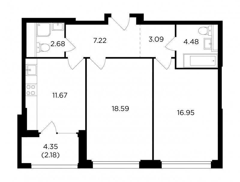 2-комнатная квартира с полной отделкой, 66.86 м2, 15 этаж, дом сдан, ЖК RiverSky, корпус 6 - объявление 1767771 - фото №1