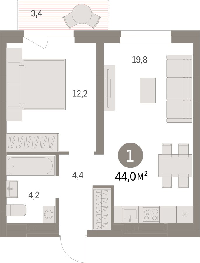 1-комнатная квартира с частичной отделкой, 43.95 м2, 8 этаж, сдача 1 квартал 2025 г., ЖК Первый квартал, корпус Дом 5 - объявление 2281523 - фото №1