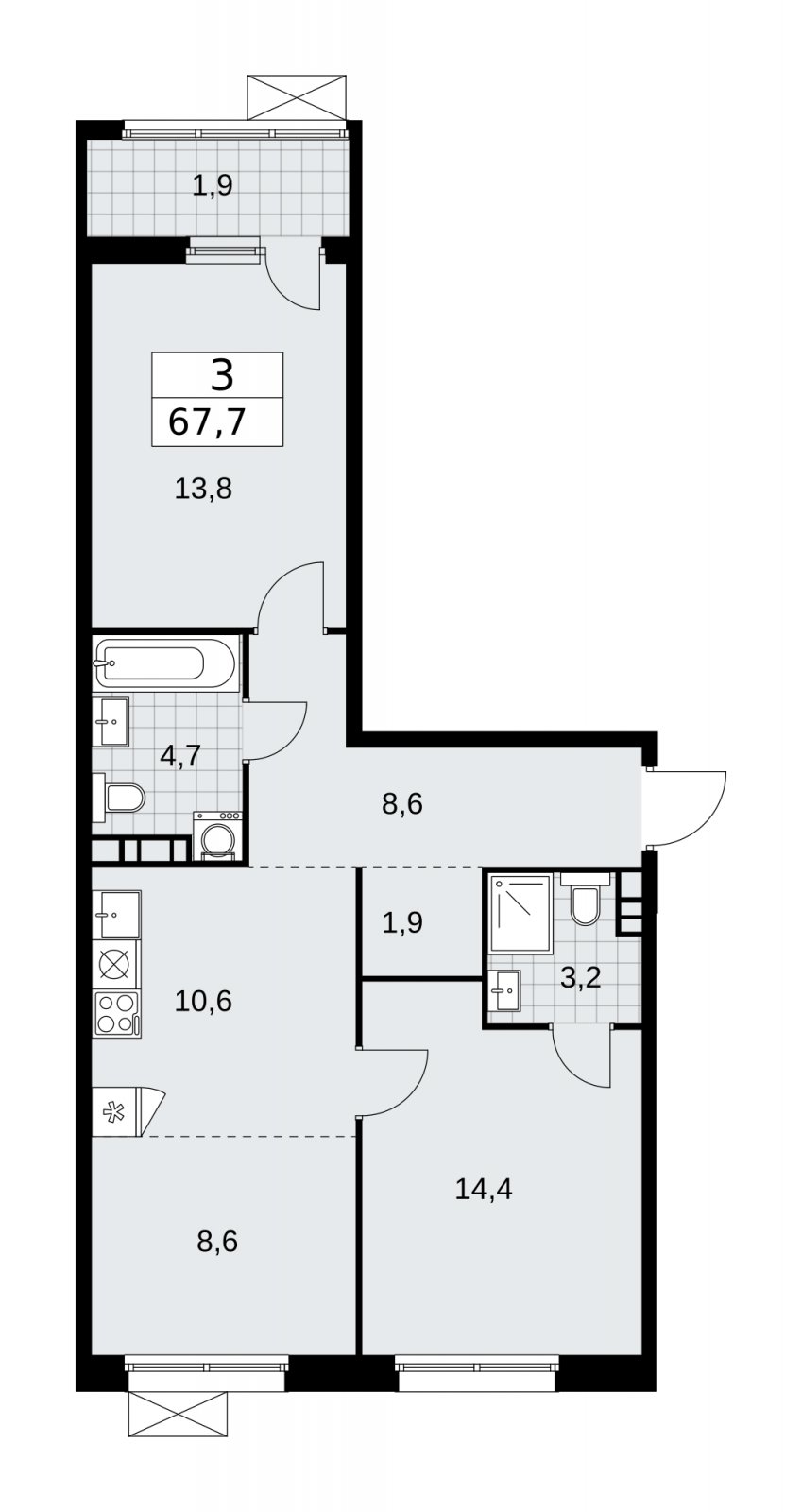 3-комнатная квартира (евро) без отделки, 67.7 м2, 7 этаж, сдача 1 квартал 2026 г., ЖК Дзен-кварталы, корпус 4.3 - объявление 2251680 - фото №1