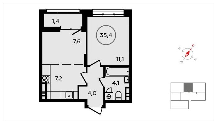 2-комнатная квартира (евро) без отделки, 35.4 м2, 10 этаж, сдача 3 квартал 2024 г., ЖК Скандинавия, корпус 2.22.2 - объявление 1625393 - фото №1