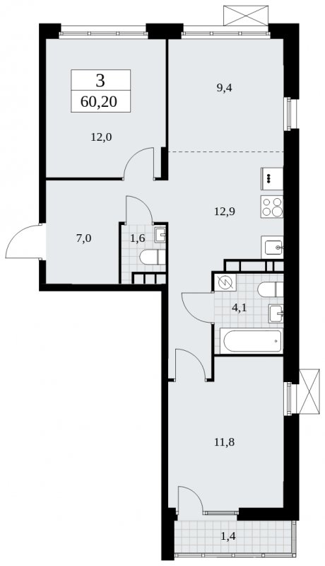3-комнатная квартира (евро) без отделки, 60.2 м2, 8 этаж, сдача 4 квартал 2024 г., ЖК Бунинские кварталы, корпус 2.3 - объявление 1882575 - фото №1