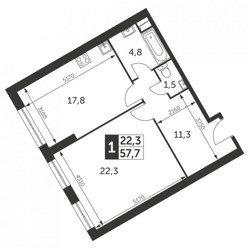 1-комнатная квартира с частичной отделкой, 57.7 м2, 35 этаж, сдача 4 квартал 2023 г., ЖК Архитектор, корпус 3 - объявление 1694287 - фото №1