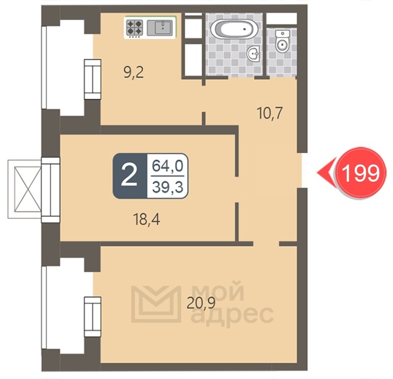 2-комнатная квартира с полной отделкой, 64 м2, 26 этаж, дом сдан, ЖК мой адрес На Береговом, корпус Южный квартал - объявление 1866985 - фото №1