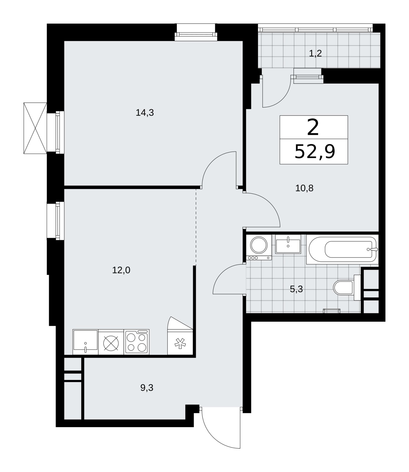 2-комнатная квартира без отделки, 52.9 м2, 14 этаж, сдача 1 квартал 2026 г., ЖК Скандинавия, корпус 37.2.1 - объявление 2254395 - фото №1
