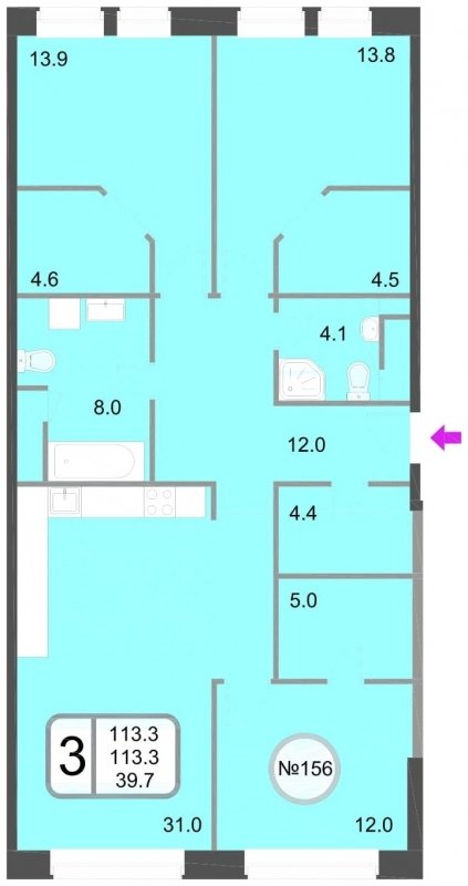 3-комнатная квартира без отделки, 113.3 м2, 11 этаж, дом сдан, ЖК Хорошевский, корпус 1 - объявление 1107017 - фото №1