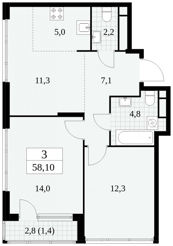 3-комнатная квартира (евро) без отделки, 58.1 м2, 29 этаж, сдача 2 квартал 2025 г., ЖК Южные сады, корпус 2.4 - объявление 1760533 - фото №1