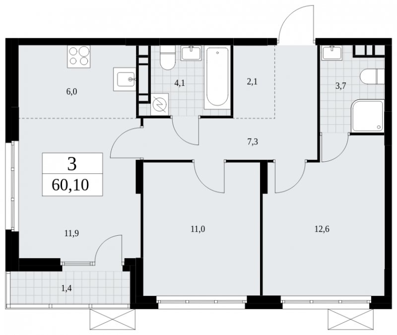 3-комнатная квартира (евро) с полной отделкой, 60.1 м2, 9 этаж, сдача 4 квартал 2024 г., ЖК Скандинавия, корпус 35.1.1 - объявление 1780109 - фото №1