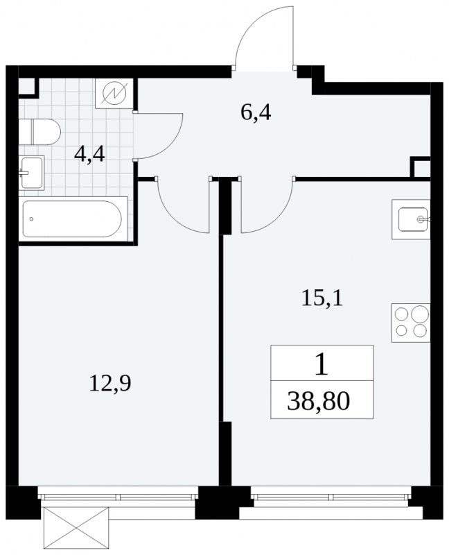 1-комнатная квартира без отделки, 38.8 м2, 2 этаж, сдача 4 квартал 2024 г., ЖК Скандинавия, корпус 2.27.3 - объявление 1840620 - фото №1