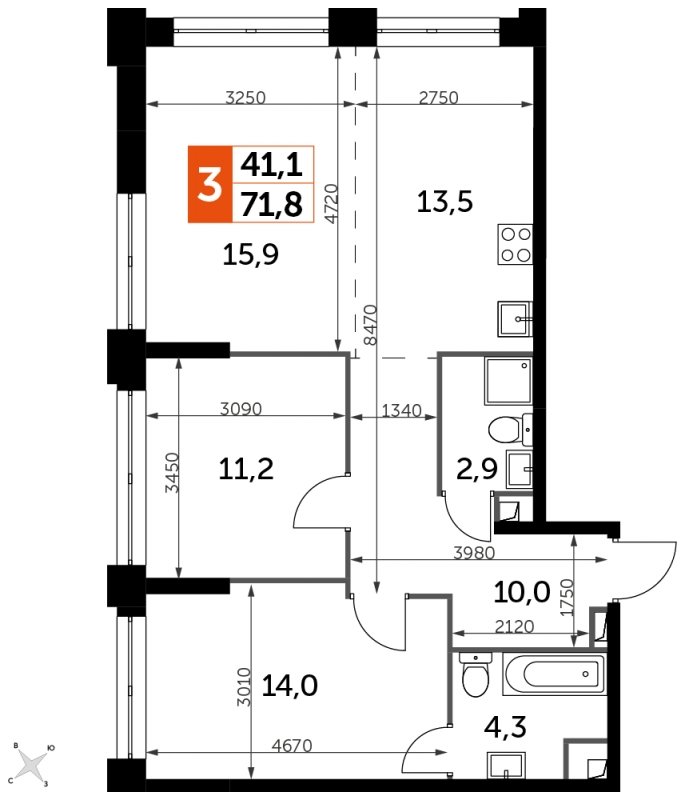 3-комнатная квартира с частичной отделкой, 71.8 м2, 30 этаж, сдача 1 квартал 2023 г., ЖК Sydney City, корпус 3 - объявление 1612528 - фото №1