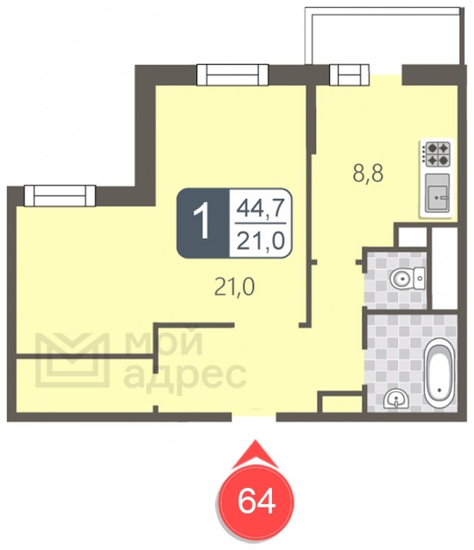 1-комнатная квартира с полной отделкой, 44.7 м2, 10 этаж, дом сдан, ЖК мой адрес В Зеленограде, корпус 2032 - объявление 1745188 - фото №1