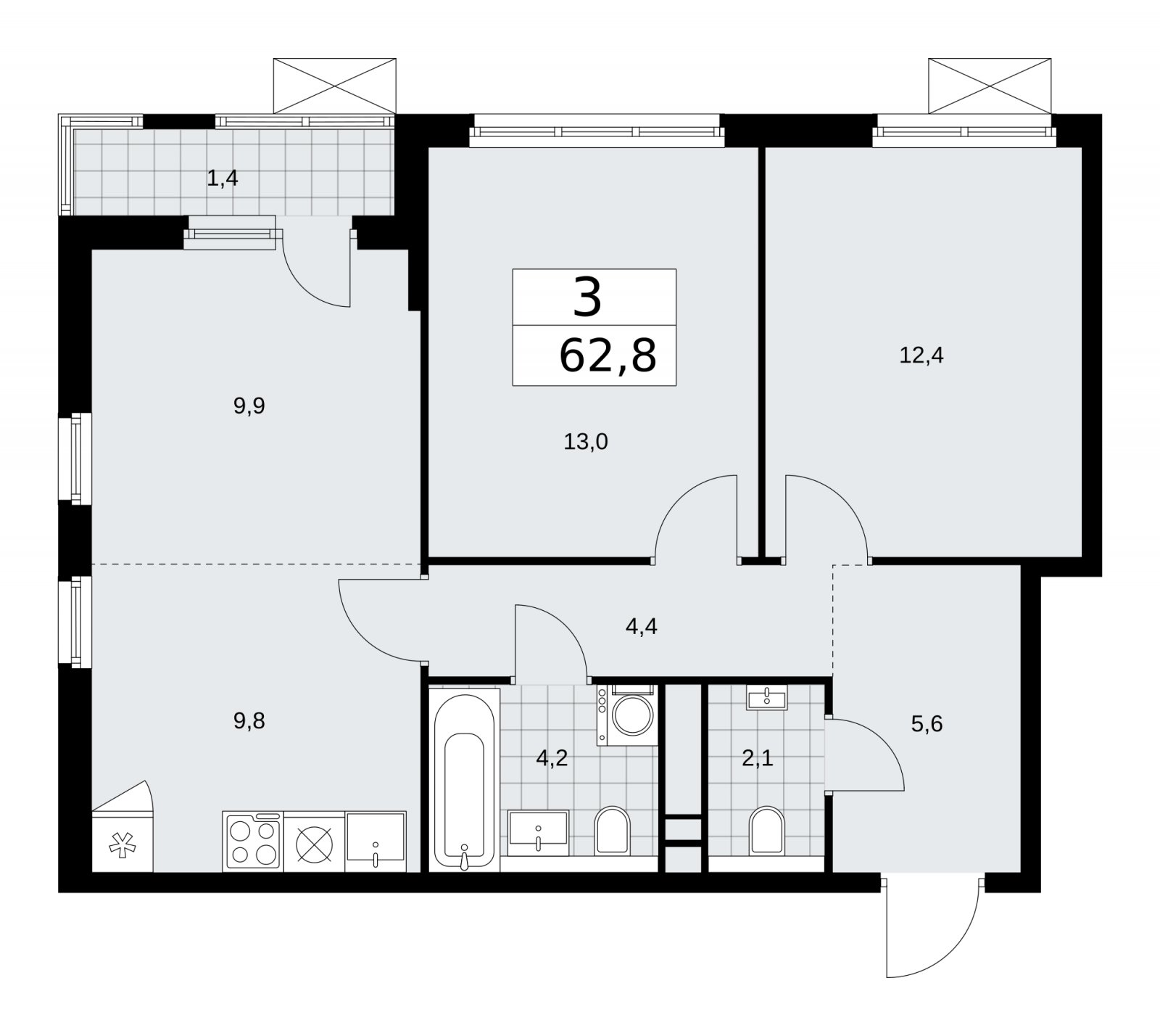 3-комнатная квартира (евро) без отделки, 62.8 м2, 12 этаж, сдача 1 квартал 2026 г., ЖК Прокшино, корпус 11.2.1 - объявление 2269822 - фото №1