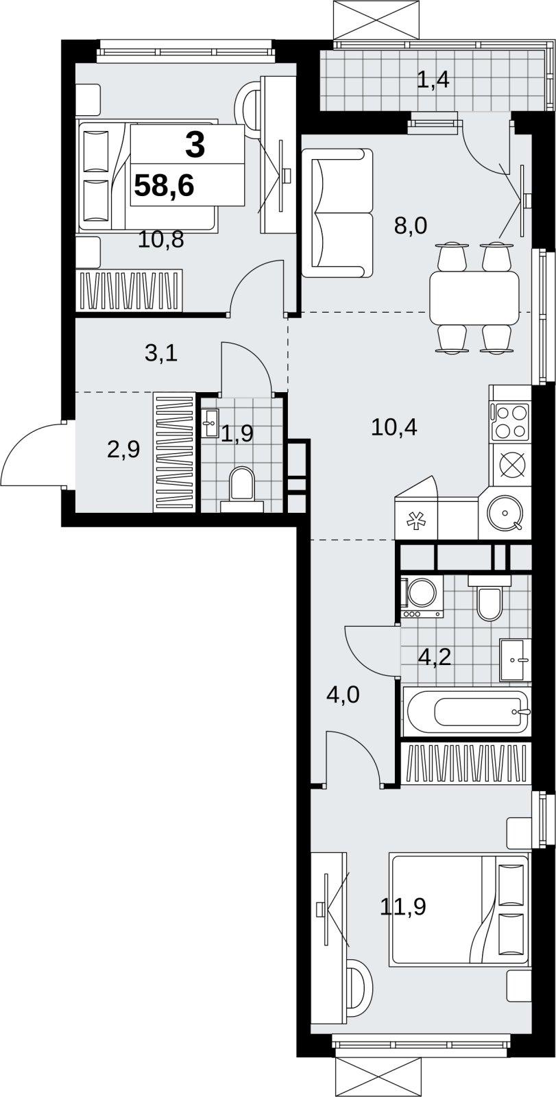 3-комнатная квартира (евро) без отделки, 58.6 м2, 10 этаж, сдача 4 квартал 2026 г., ЖК Скандинавия, корпус 2.18.2.4 - объявление 2351561 - фото №1
