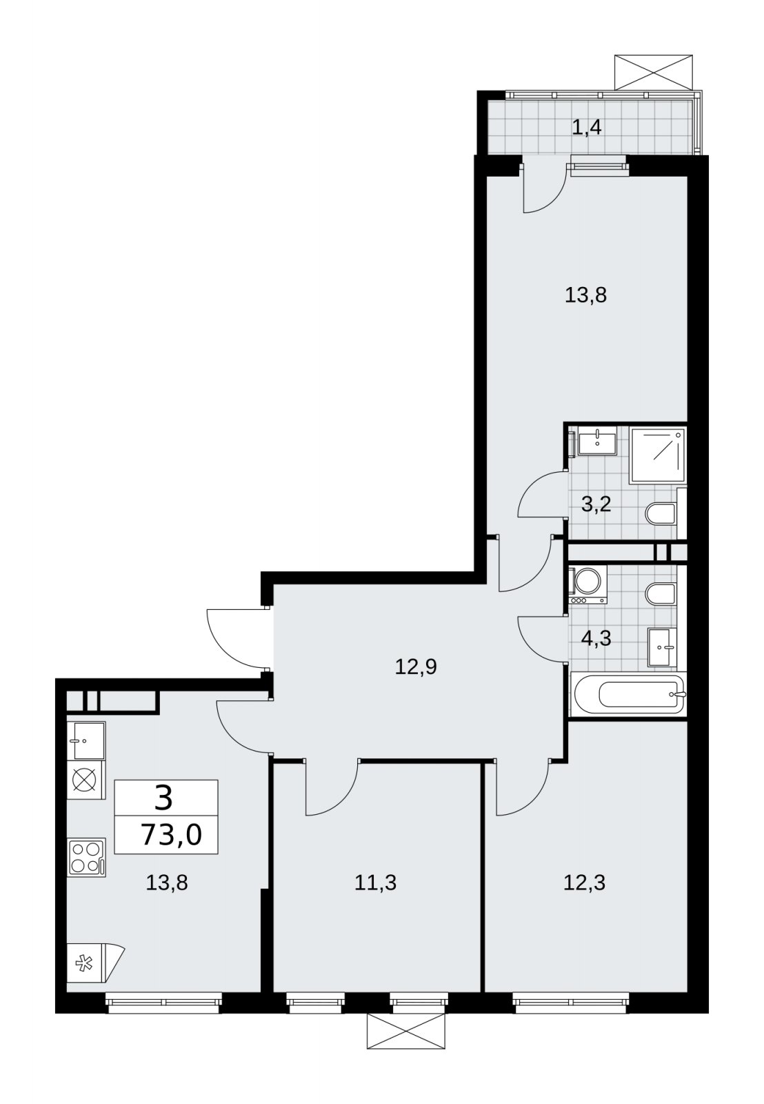 3-комнатная квартира без отделки, 73 м2, 13 этаж, сдача 1 квартал 2026 г., ЖК Прокшино, корпус 11.2.1 - объявление 2269892 - фото №1