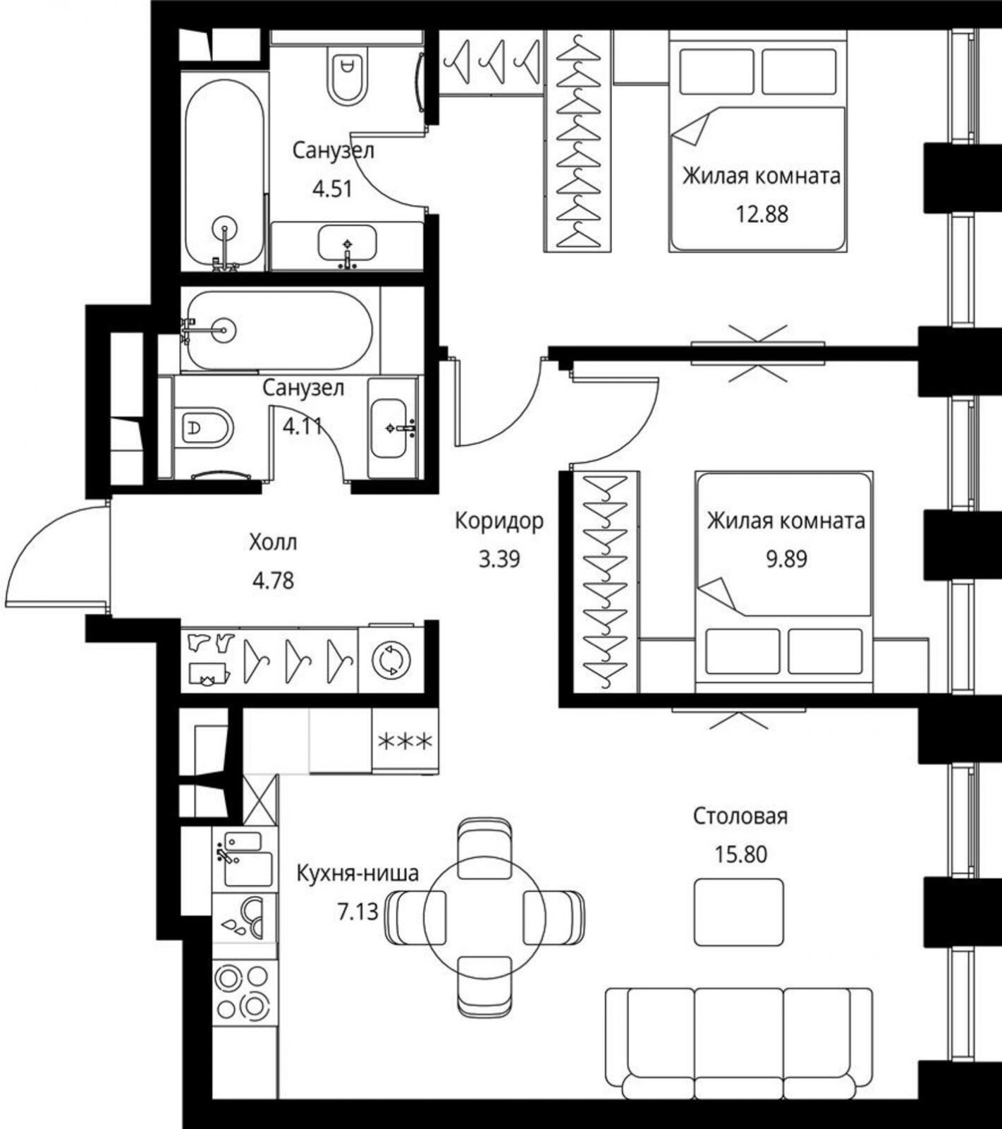 2-комнатная квартира с частичной отделкой, 62.49 м2, 3 этаж, сдача 3 квартал 2026 г., ЖК City Bay, корпус North Ocean 2 - объявление 2240545 - фото №1